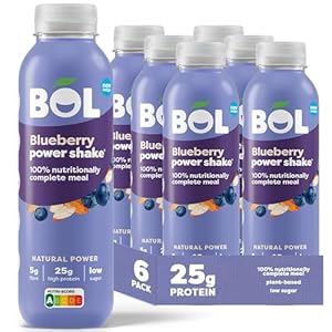 BOL Blueberry Power Shake – Ready-to-Drink Nutritionally Complete Meal (300kcal) – 25g High Protein Shake – Low Sugar, Plant-based, High Fibre (9g) – Low Calorie Meal Replacement (410ml x 6 Bottles)