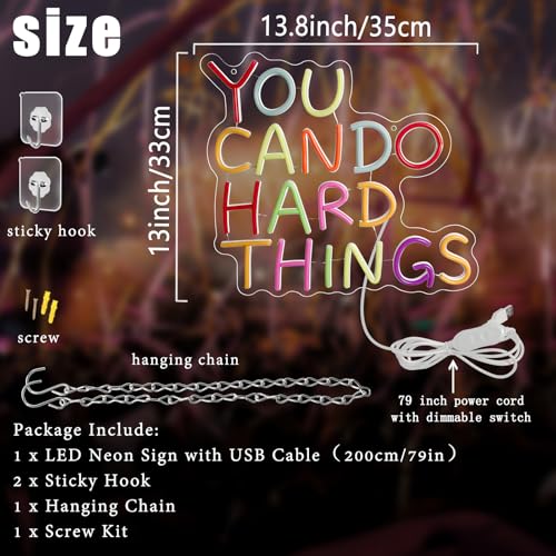 Image of You Can Do Hard Things Neon Sign,Motivational LED Signs for Wall Decor,USB Powered Dimmable Neon Light for Classroom Office Library Kids Wall Art Bedroom Game Room Birthday Party Backdrop Decoration