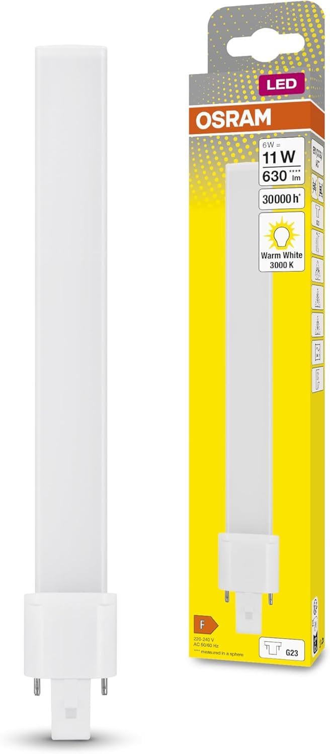 OSRAM DULUX S11 LED lamp for G23 Base, 6 watt, 630 Lumen, Warm White (3000K), Replacement for Conventional 11W Dulux lamp