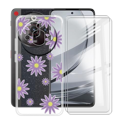 YQINHHME Funda para ZTE Nubia Focus Pro 5G (6.72 ') + 2 X Cristal Templado Protector de Pantalla, Antichoque Carcasa Ultrafina Suave TPU Cover Case para ZTE Nubia Focus Pro 5G - Flor Purpura