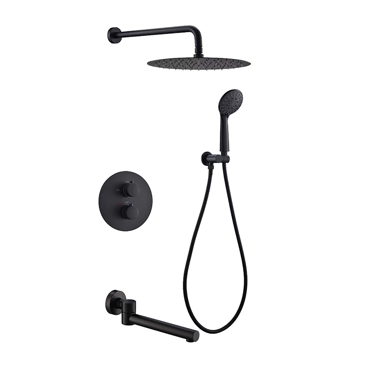 QUSYZD Thermostatic Shower Combo Set Wall Mounted Black Bathroom Shower Faucet Set with 10 Inches Brass Round Shower Head, Handheld Shower, Bathtub Faucet, Embedded Box,