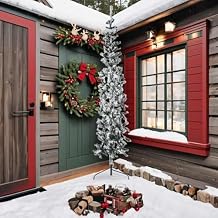 Gecheer Slim Artificial Half Christmas Tree with Flocked Snow 240 cm Super Natural C/Metal Holder, Fast Mounting System, for Home Party Christmas Decoration Model YJXZJ-344608US