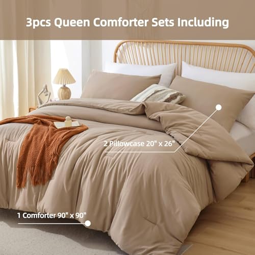 Image of ROSGONIA Oversized King Comforter 120x120, 3pcs Super King Comforter (1 Taupe Comforter & 2 Pillowcases) Lightweight Warm Bedding Set Blanket Quilt