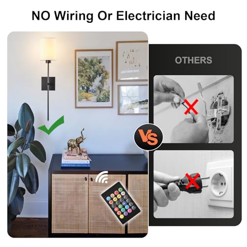 Image of Battery Operated Wall Sconce Set of Two,Wireless Rechargeable Wall Lights With Remote Control,Dimmable,4 CCT,RGB,Timer,Cordless Decor Lighting for Living Room, Bedroom, Entryway,Black, 26.8 Inch