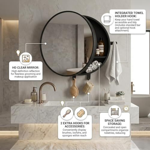 Image of CIPLA PLAST Pearl Round Bathroom Mirror Cabinet with Towel Holder | Wall-Mounted Modern Design Cabinet with Storage | Moisture-Resistant Bathroom Organizer with Toothbrush Holder (Black)