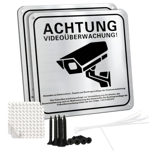 2 carteles de videovigilancia con aviso DSGVO, 15 x 15 cm, pegatinas de videovigilancia, aluminio reflectante, autoadhesivo y 4 agujeros, para exteriores