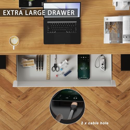 Image of White Large Under Desk Mounted Sliding Drawer with 2 Cable Hole and 60 Degree Tilt Panel to Pull Out, 22.4'' Long & 9.2'' deep Large Storage Organizer for Sit Stand Workstation