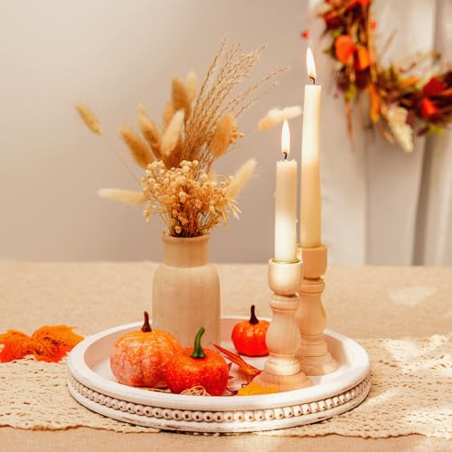 Farmhouse Wood Tray Candle Holder - Romadedi Bead Round Wooden Decorative Tray for Coffee Table Decor Serving Trays Kitchen Counter Rustic Centerpiece for Living Room Home Organizer, White Washed - Image 3
