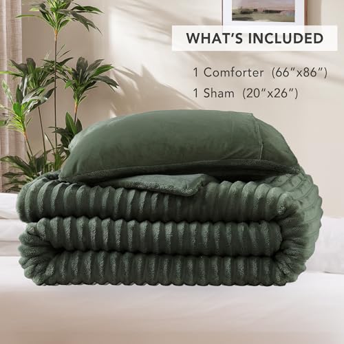 Image of Geniospin Luxury Fluffy Twin Comforter Set-2 Pieces, Olive Green Comforter Twin Size All Seasons, Faux Fur Bedding Set, Plush Fuzzy Comforter(Olive Green, 66''x86'')