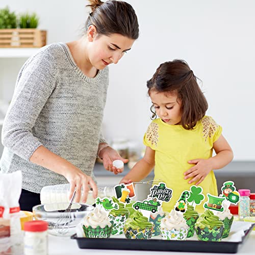 48 Pcs St Patrick's Day Cupcake Toppers And Wrappers, Shamrock Leprechauns Irish Flag Green Hat Cupcake Toppers For Saint Paddy's Day Party Cupcake Decorations Supplies #TOP6