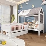 KecDuey Cama individual de madera con forma de casa, 90 x 200 cm, multifuncional, con tela de tienda de campaña, cajones inferiores, sin colchón
