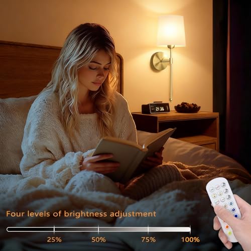 Image of Ouyulong Battery Operated Wall Sconces Set of 2, Wireless Rechargeable Dimmable Wall Light with 5600mAh RGB Bulb and Remote for Bedroom, Living Room, Hallway, Gold, 24in