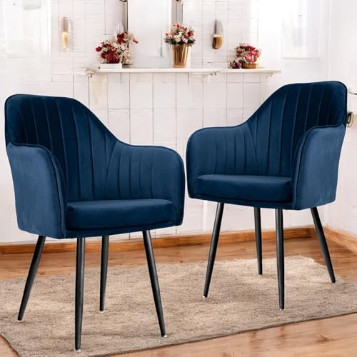 Image of Set of 2 Accent Chair for Living Room | Modern Armchair in Soft Velvet Fabric with Sturdy Legs | Premium Chair for Home Living Room Bedroom Restaurent | (Black Legs, Navy Blue)