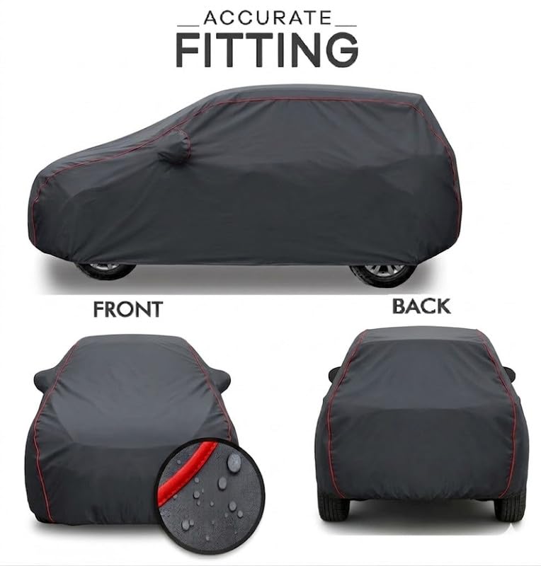Image of Waterproof Car Cover for Maruti Suzuki S-PRESSO with Mirror Pockets (for All S-PRESSO Models) Heavy-Duty Belt & Buckle Lock Triple Stitching & Elastic Edges All Weather Protection
