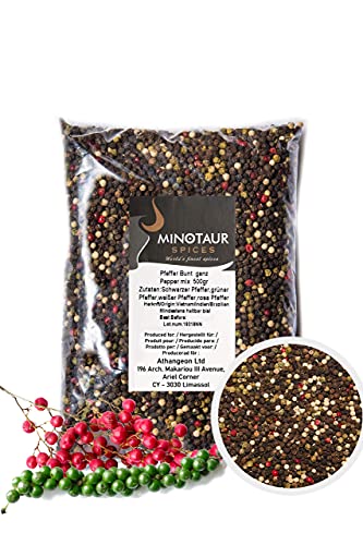 Minotaur Spices | 4 Seizoenen Peper | 2 x 500 g (1 Kg) | Mix van Zwarte, Witte, Groene Peperkorrels en Roze Peperbessen