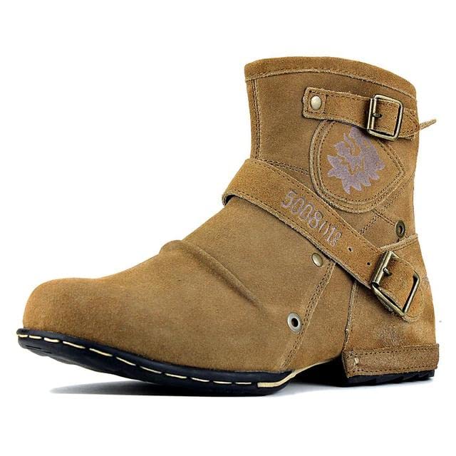 spring autumn OTTO ZONE Western Boots Genuines Leather Mens Motorcycle  Boots Ankle Boots Men's Casual Boots 5008-1-Beige - Main Image