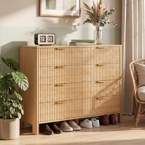 Image of Wodeer 8 Drawer Dresser for Bedroom, 47 inch Wide Wood Storage Cabinet with Fluted Design, Modern Chest of Drawers & TV Stand for Living Room, Nursery Clothing Organizer with Metal Slides, Anti-Tipping