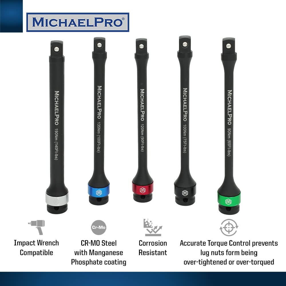 MichaelPro 5-Piece 1/2'' Impact Torque Limiting Extension Bar Set, 65 to 140 Ft-Lbs (90 to 190 Nm), 8-Inch Length, Cr-Mo Impact Grade, for Lug Nut Tightening, Heavy Duty Torque Applications - MP001207
