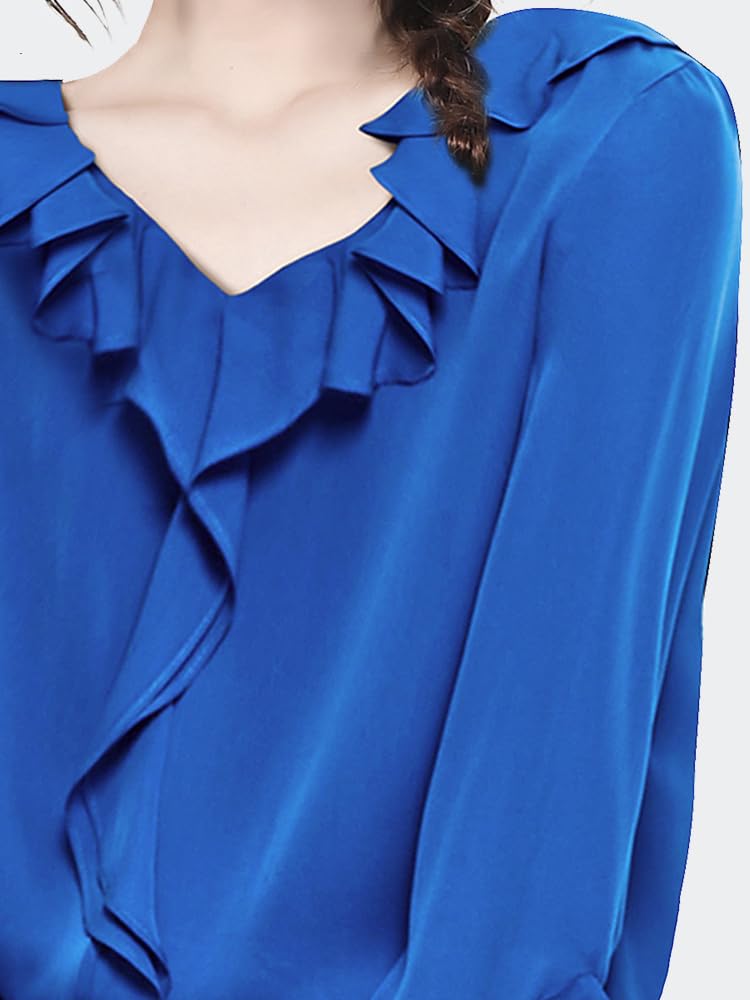 Camisa Tejida Azul con Cuello en V y Manga de Mariposa para Mujer, Blusa Holgada con Volantes para Primavera y Verano, Blusas de Trabajo Informales Suaves y Lisas (Azul M)