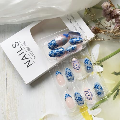 24PCS Almond Shape Press on Nails Medium Length Blue Fake Nails with Designs Summer Flower Heart Pattern Acrylic Nails Full Cover Almond Nails Press on False Nails Kit Stick on Nails for Women Girls - Image 6