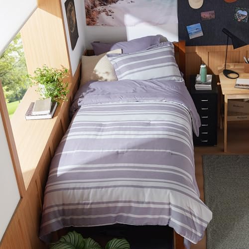 Image of Bedsure Twin XL Comforter Set 5 Pieces, Purple Striped Bedding Set for All Seasons, Reversible, Cationic Dyeing Bed in a Bag with Comforter, Sheets, Pillowcase & Sham