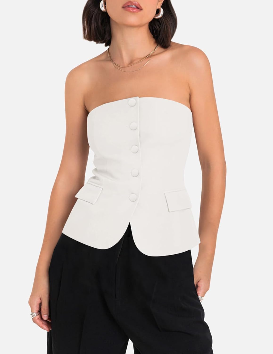 Yousify Sleeveless Vest Tops for Women 2025 Fashion Smocked Off The Shoulder Button Tube Top Blazer Vest with Pockets White M - Image 3