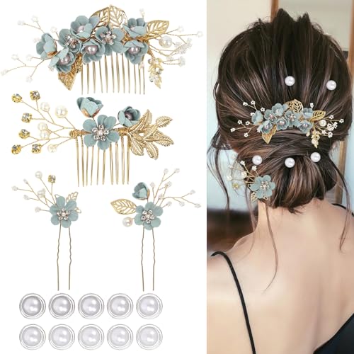 4er-Set Hochzeits-Haarschmuck für Damen, elegante Braut-Haarnadeln mit Blumenmotiven, 10 Spiralperlen-Haarnadeln für Bräute, Brautjungfern, Frauen und Mädchen (Grün)