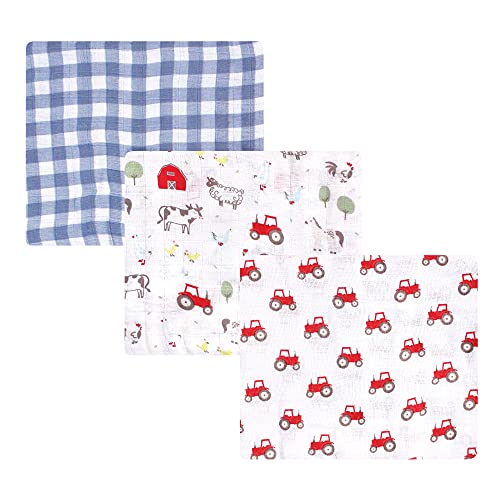 Image of Hudson Baby Unisex Baby Cotton Muslin Swaddle Blankets, Boy Farm Animals, 3-Pack