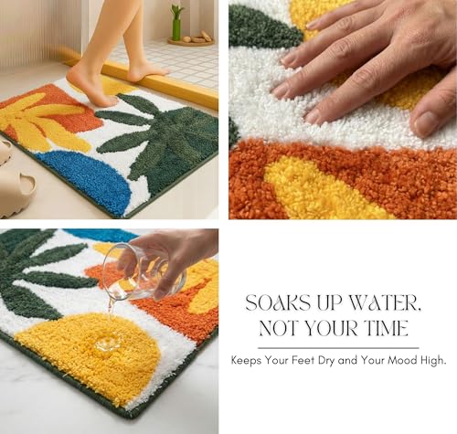 Image of VAS COLLECTIONS Luxurious 2000 GSM Microfiber Bath Mat | Super Soft, Thick & Fluffy | Anti-Skid, Super Absorbent, Bathroom /Bedroom /Kitchen /Door Mat (40x60 cm, Pack of 1) (Blue & Yellow Leaf)