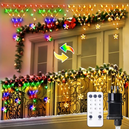 Lamptobe Christmas Net Lights Outdoor, 4M 196LED 11 Modes Star Net Lights, Waterproof Mesh Light Plug in with Remote for Garden Fence Party Patio Balcony Roof Outside Decor (Warm White Multicolour)