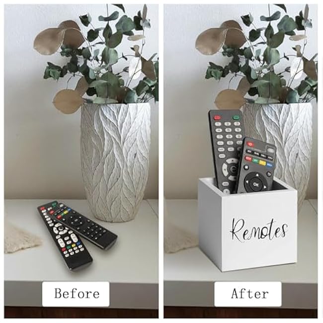 Wood Remote Control Holder, TV Remote Control Organizer for Home Bedroom Table, Multi-Purpose Desktop Storage (White, S,for 2 or 3 Remote Controls)
