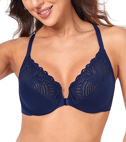 Image of HACI Women's Front Closure Bra Underwire Unpadded T-Back Plus Size Lacy Full Coverage Racerback T-Shirt Unlined