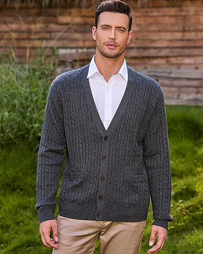 Kallspin CA001-015 Men'S Cardigan Sweater Wool Blend Cable Knit V Neck Buttons Cardigan With Pockets thumb #1