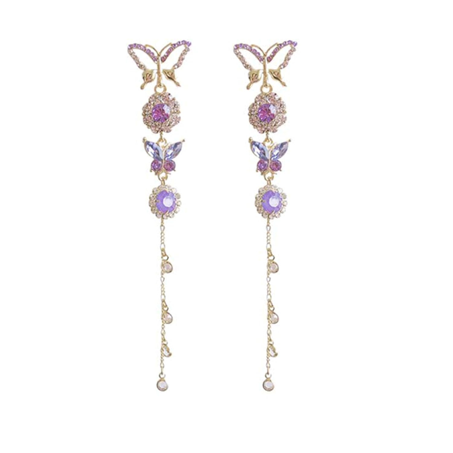 Purple Butterfly Tassel Style Zircon Earrings for Women Crystal Rhinestone Drop Earrings Long Butterfly Dangle Earrings Wedding Jewelry for Women