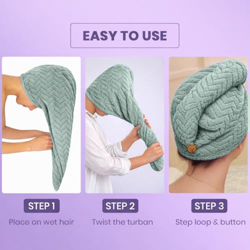 Image of MAXOSHINE Hair Towel Wrap for Women-Quick Drying Microfiber Towel for Hair with Elastic Loop for Tying-Super Absorbent Head Towels Wrap for Ladies Hair Turban (Light Green)