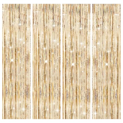 4 peças cortinas de aniversário, cortina decoração dourada champanhe, cortina metálica Foil Fringe Decor, fundo decoração de festa, cortinas metálicas para decoração de parede casamento Halloween