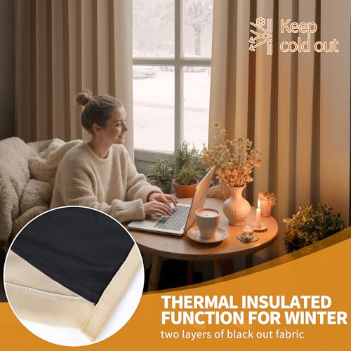 Image of YoungsTex Beige Insulated 100% Blackout Curtains 63 Inches Length for Bedroom, Thermal Black Out Drapes with Grommet Energy Saving for Living Room, 2 Panels, 42 X 63 Inch