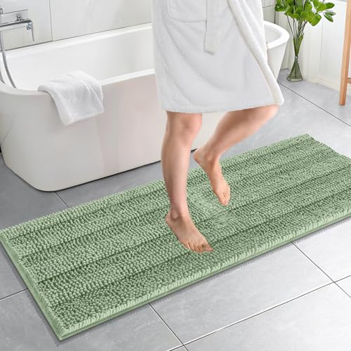 Image of OLANLY Thick Bathroom Runner Rugs 59x20, Absorbent Chenille Striped Bath Rugs, Rubber Backing, Machine Wash, Extra Long Bath Mats for Bathroom Floor, Tub and Shower, Home Decor Accessories, Sage Green