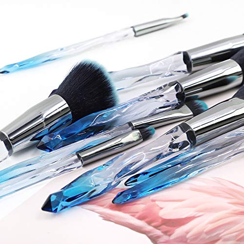 Crystal Makeup Brushes, Premium Synthetic Foundation Blending Blush Powder Eye Shadow Brush Sets with Blue Transparent Handle Special Make-up Tools 10 Count