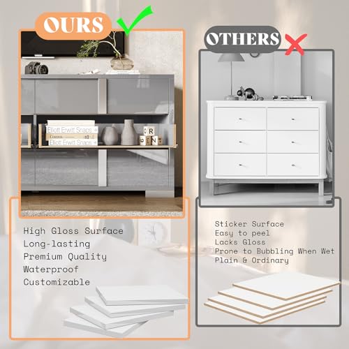 Image of AMERLIFE 54 inch W High Gloss 6 Drawers Dressers with Silver Grooved Handles, Modern Storage Chest of Drawers with Wide Tabletop, for Bedroom /Dressing Room /Living Room, Grey