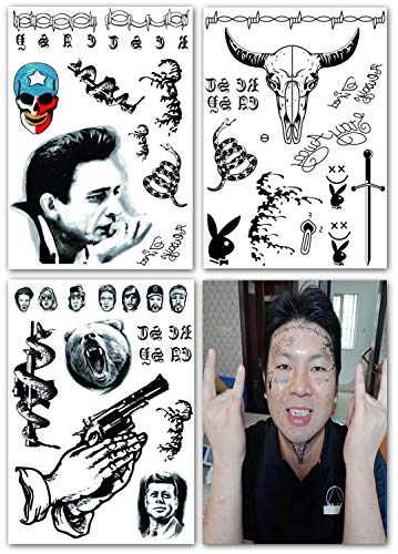 DaLin Temporary Tattoos 3 Sheets Face Neck Hands Arm Tattoos Sticker, Fake Tattoos for Halloween Costume Accessories and Parties
