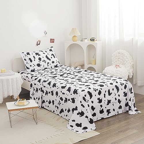 Image of Viviland 3 Pieces Boys Girls Black White Twin Sheet Set - Soft Microfiber Fitted Flat Sheets & Pillowcase - Cute Farm Animal Cow Printed Bedding Sets - for Kids & Toddlers