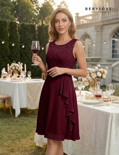 Image of BeryLove Womens Boat Neck A Line Sleeveless Lace Formal Homecoming Dress | Short Dress With Ruffle Hem, Sparkly Design Ideal For Wedding Guest,Bridesmaid Cocktail Prom & Evening Party Events