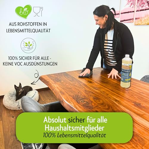 UNIVERSAL 1 Liter BIO Holzöl farblos aus Deutschland - Geruchloses Holzpflegeöl für Innen & Aussen - Premium Möbelöl mit Anleitung - 100% natürliches Holz Öl in Bioqualität