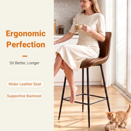 Image of Counter Height Bar Stools Set of 3, FSC Certified Upholstered Faux Leather Barstools with Back, Metal Base, 27 inch Seat Height, Modern Upholstered Counter Stools for Kitchen Island,(Walnut Brown