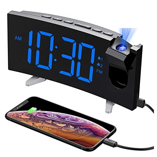 PICTEK Projection Alarm Clock, 15 FM Radio Alarm Clock, 5'' Large Curved LED Display, 6 Dimmer, Dual Alarm with 4 Alarm Sounds, Digital Clock for Bedrooms Ceiling, USB Phone Charger, Snooze