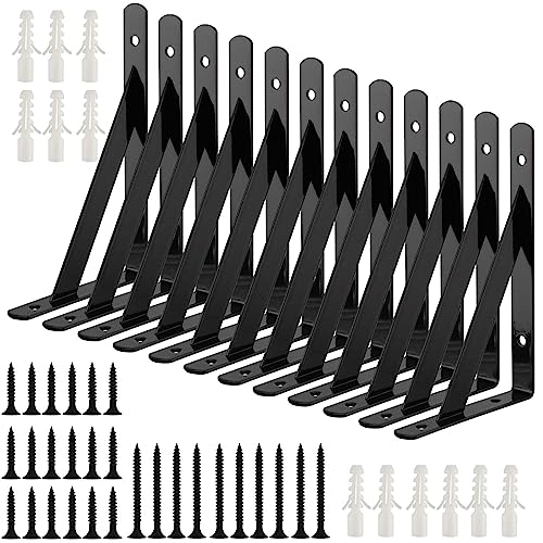 HEIHAK 12 Pack Shelf Bracket Heavy Duty, 6 Inch Black Shelf Support Shelves, Triangle Wall Right Angle Shelf…