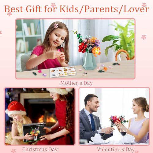 Flowers Bouquet Building Set, 845 PCS Office Home Flowers Decor Plant Building Kits, 9 Botanical Collection Building Toys, Gifts for Kids Adults Girls Women Valentines Mothers Day Birthday