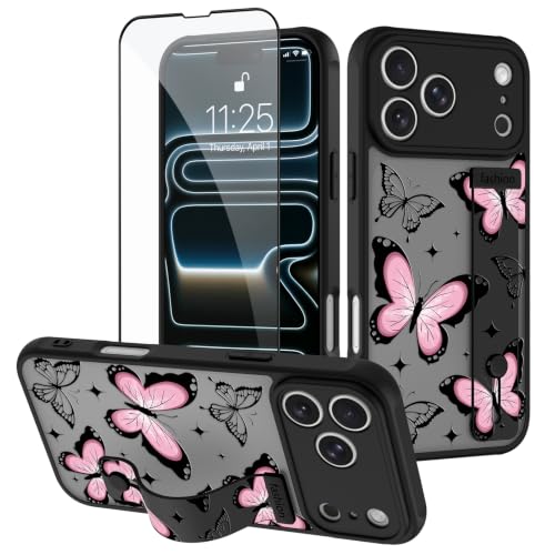OOK Case for iPhone 17 Pro Max with Finger Strap Stand, Pink Butterfly