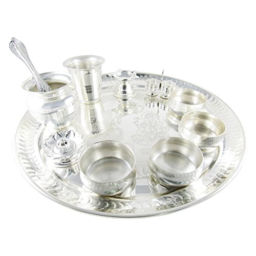 GoldGiftIdeas 12 Inch Premium Silver Plated Pooja Thali Set for Home, Pooja Items for Pooja Room, Diwali Pooja Thali Set, Occasional Gift